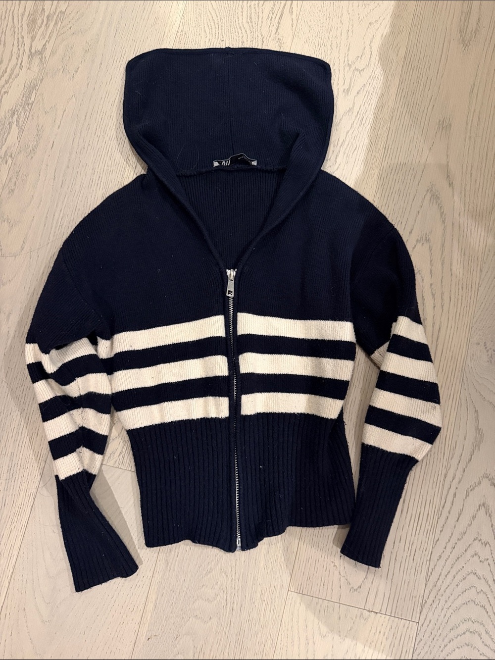 Zara Navy and White Striped Zip-Up Hoodie Cardigan